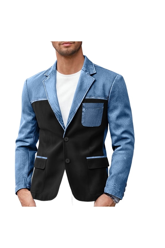 Men's Color Block Denim Patchwork Blazer Casual Sport Golf Coat Notched Lapel Two Button Slim Fit Blazer Jacket