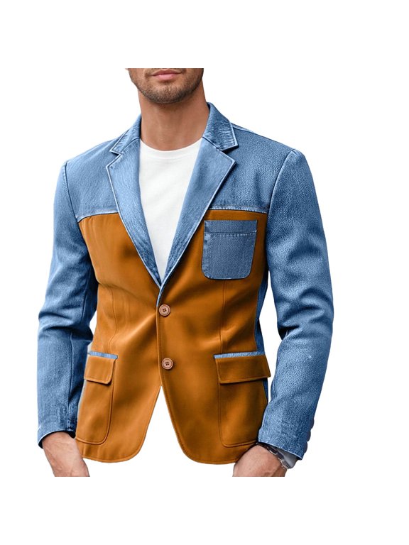 Men's Color Block Denim Patchwork Blazer Casual Sport Golf Coat Notched Lapel Two Button Slim Fit Blazer Jacket