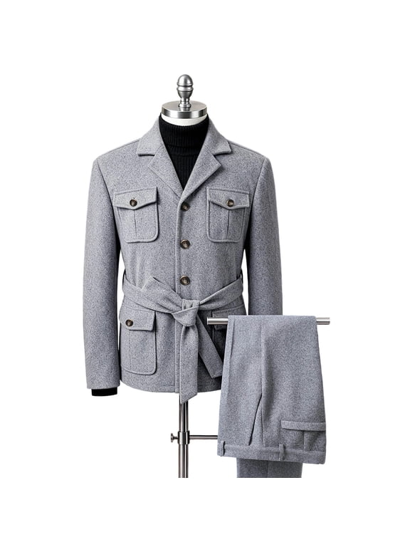 Men's Herringbone Tweed Blazer Set Vintage Casual Suit Jacket Casual Pants with Pockets