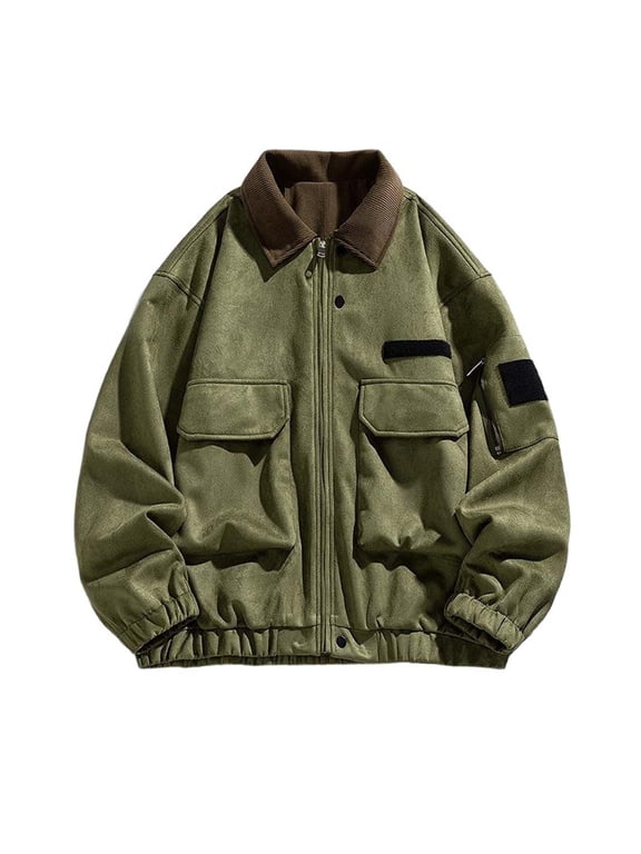 Mens Faux Suede Bomber Jacket Casual Lapel Pilot Cropped Jackets Oversized Motorcycle Zip Up Outerwear Coats