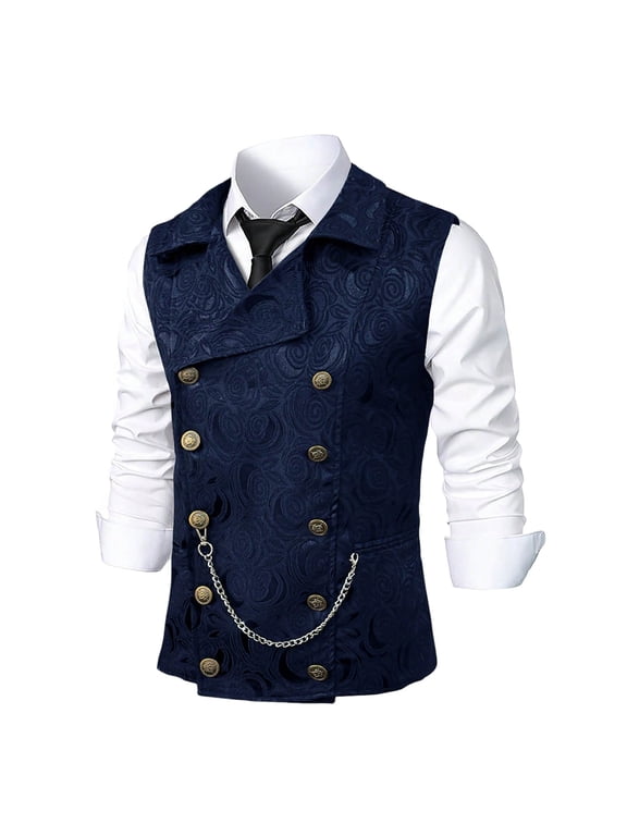 Mens Gothic Steampunk Double Breasted Vest Stylish Paisley Slim Fit Formal Business Dress Waistcoat Jacquard Brocade Suit Vest