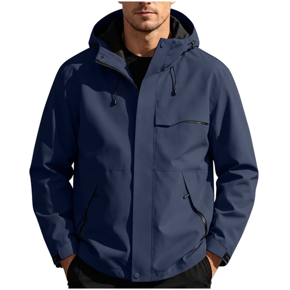 PBFRDSJ Mens Rain Jackets Waterproof with Hood Breathable Stretch Slim Fit Trucker Jackets Full Zip Fall Winter Warm Windproof Coat with Pockets