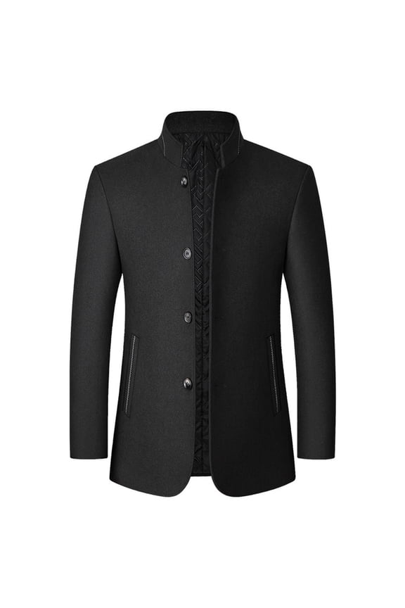 Mens Wool Blend Blazer Button Down Mandarin Collar Formal Coat Casual Warm Windbreaker Jacket for Office Business
