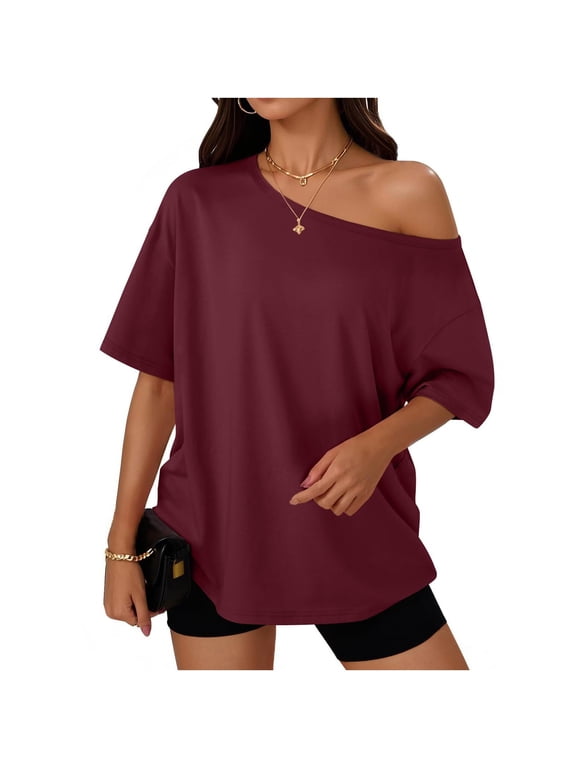 Off The Shoulder Tops for Women Breathable Loose Drop Shoulder Casual Shirt Half Sleeve Solid Color Slant Neck Tunic Blouse