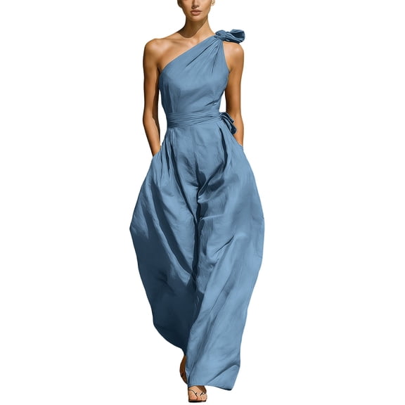 PBFRDSJ One Shoulder Jumpsuits for Women Sleeveless Tie Side Wide leg Jumpsuits Ruched Waist Summer Minimalist Flowy Romper