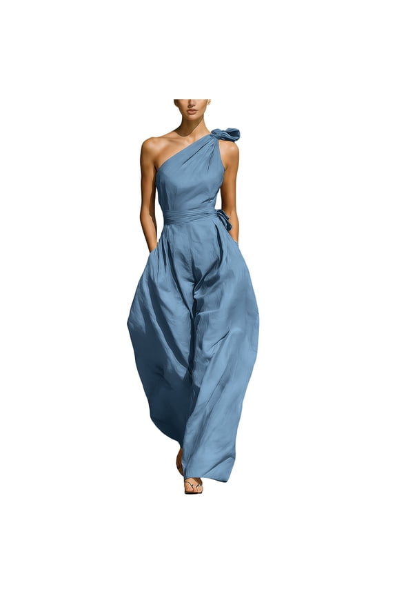 One Shoulder Jumpsuits for Women Sleeveless Tie Side Wide leg Jumpsuits Ruched Waist Summer Minimalist Flowy Romper