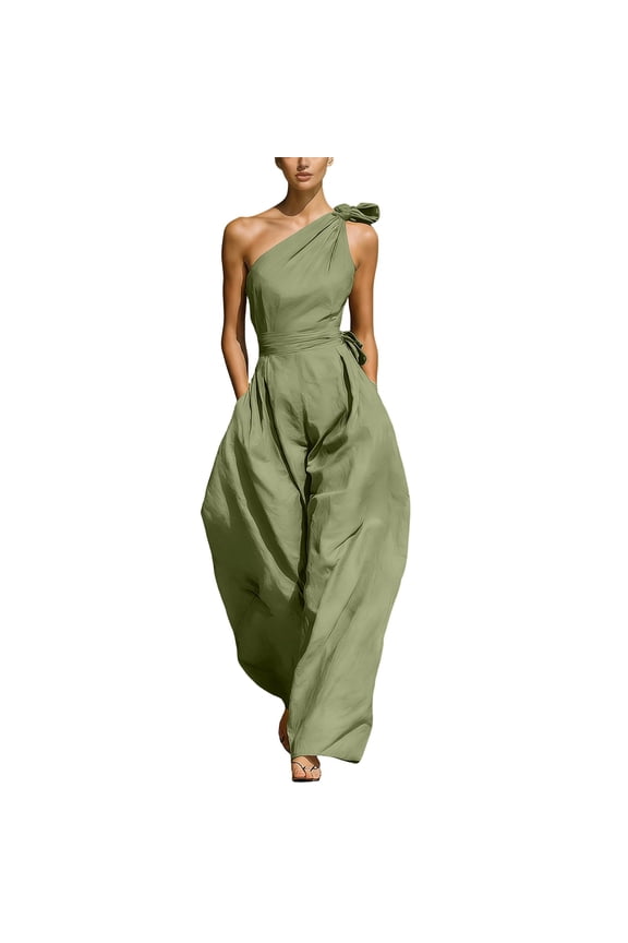 One Shoulder Jumpsuits for Women Sleeveless Tie Side Wide leg Jumpsuits Ruched Waist Summer Minimalist Flowy Romper