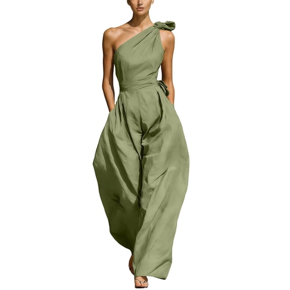 PBFRDSJ One Shoulder Jumpsuits for Women Sleeveless Tie Side Wide leg Jumpsuits Ruched Waist Summer Minimalist Flowy Romper