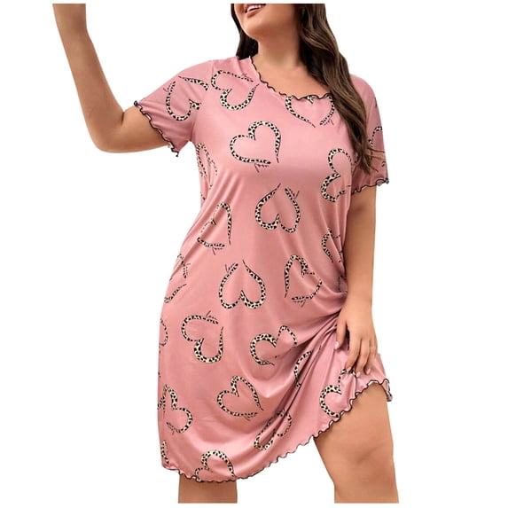 PBFRDSJ Plus Size Nightgowns for Women Short Sleeve Loose Fit Sleep Dress with Heart Print Ruffled Neck Soft Loungewear (XL-5XL)