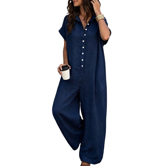 PBFRDSJ Short Sleeve Rompers for Women Loose Fit Wide Leg One Piece Romper Button Down V Neck Casual Jumpsuit with Back Pockets