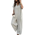 thumbnail image 1 of PBFRDSJ Short Sleeve Rompers for Women Loose Fit Wide Leg One Piece Romper Button Down V Neck Casual Jumpsuit with Back Pockets, 1 of 5