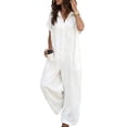 thumbnail image 1 of PBFRDSJ Short Sleeve Rompers for Women Loose Fit Wide Leg One Piece Romper Button Down V Neck Casual Jumpsuit with Back Pockets, 1 of 5