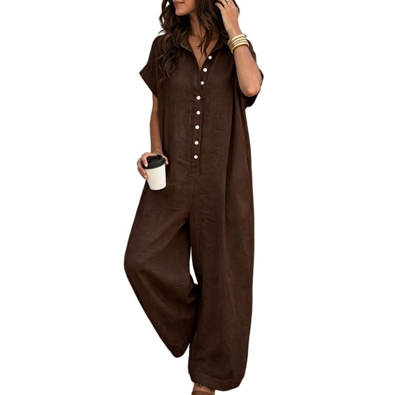 PBFRDSJ Short Sleeve Rompers for Women Loose Fit Wide Leg One Piece Romper Button Down V Neck Casual Jumpsuit with Back Pockets