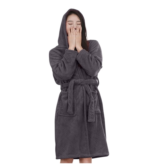 PBFRDSJ Soft Robes for Women Thickened Absorbent Warm Midi Hooded Bathrobe with Waist Tie for Spa Shower Home Wear