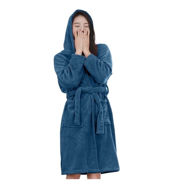 PBFRDSJ Soft Robes for Women Thickened Absorbent Warm Midi Hooded Bathrobe with Waist Tie for Spa Shower Home Wear
