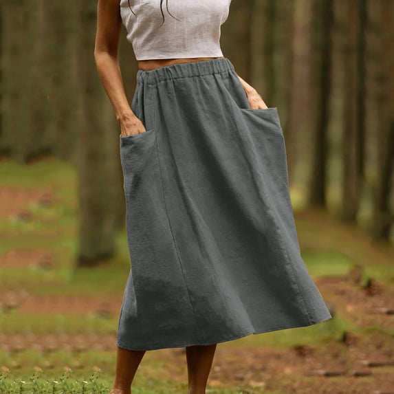 PBFRDSJ Solid Color Skirts for Women Elastic Waist Cotton Linen Midi Skirts Minimalist Oversized Skirt with Big Pockets