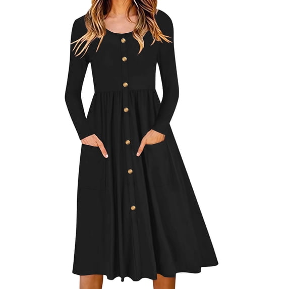 PBFRDSJ Spring Dresses for Women Long Sleeve CrewNeck Button Midi Sundress Elastic Waist Plus Size A Line Office Dress with Pockets