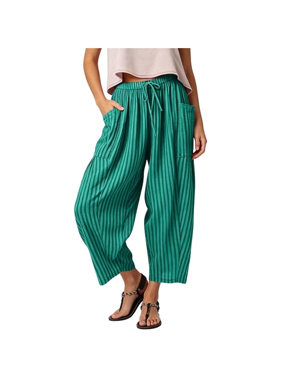 Striped Barrel Pants for Women High Waisted Drawstring Palazzo Harem Pants Baggy Casual Fall Trousers with Pocket