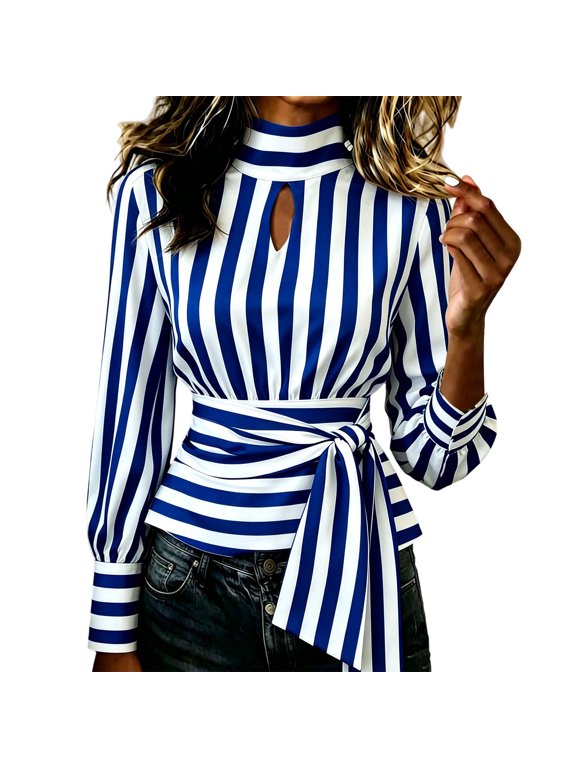 Striped Shirts for Women 3/4 Sleeve Tie Front Wrap Tops Dressy Casual Work Office Business Shirt