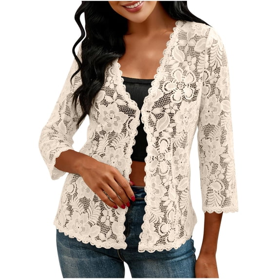 PBFRDSJ Summer Cardigans for Women 3/4 Sleeve Lace Cardigan Elegant Floral Open Front Sheer Cover Up