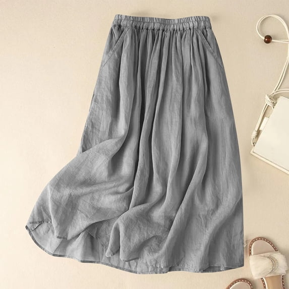 PBFRDSJ Summer Skirt Women Loose Fit Fold Elastic Waist Knee Length Skirt Solid Color Cottton Lightweight Mid-Length Skirt