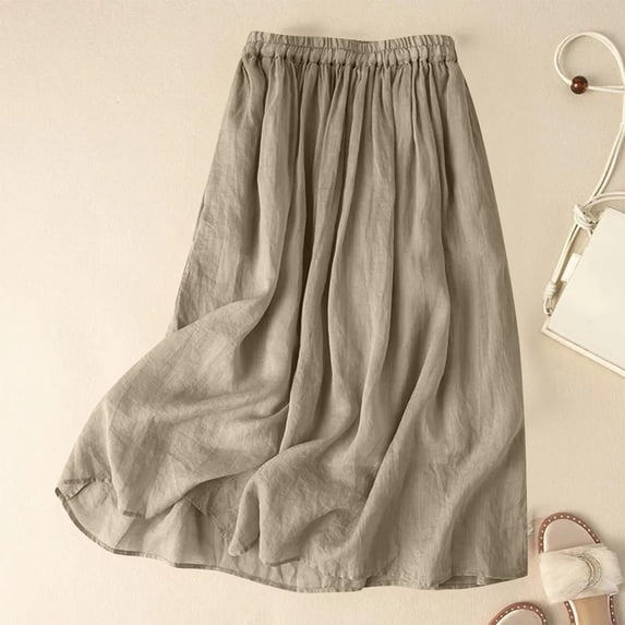 PBFRDSJ Summer Skirt Women Loose Fit Fold Elastic Waist Knee Length Skirt Solid Color Cottton Lightweight Mid-Length Skirt