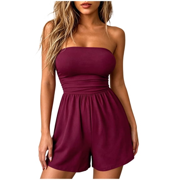 PBFRDSJ Summer Strapless Rompers for Women Summer Casual Off Shoulder Low Back Short Jumpsuits Smocked Waist Loose Wide Leg Jumpsuit