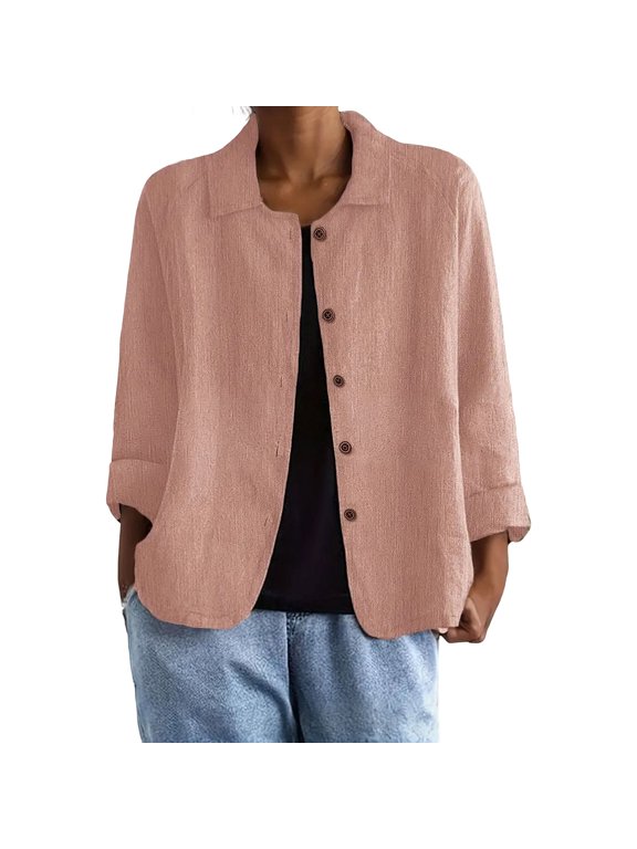 Tops for Women Trendy Summer Classic Pleated Textured Cotton Linen Jacket Single-Breasted Lapel Long Sleeve Cardigan Business Casual Work Outwear