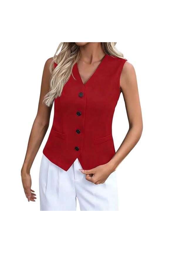 Vest Tops for Women Summer Sleeveless Solid Color Biazer Vests V Neck Button Down Suit Tops with Pockets