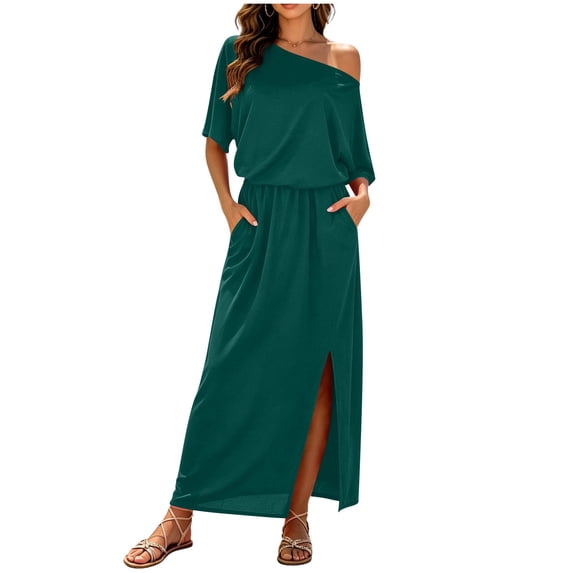 PBFRDSJ Wedding Guest Dresses for Women One Shoulder Side Split Maxi Dress Half Sleeve Mid Rise Summer Beach Cover up with Pockets