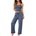 thumbnail image 1 of PBFRDSJ Women 2-Piece Solid Pajama Set Lace Trim Ribbed Cami PJ Drawstring Wide Leg Sleep Pants Set Relax Fit LoungeWear Two Piece, 1 of 6