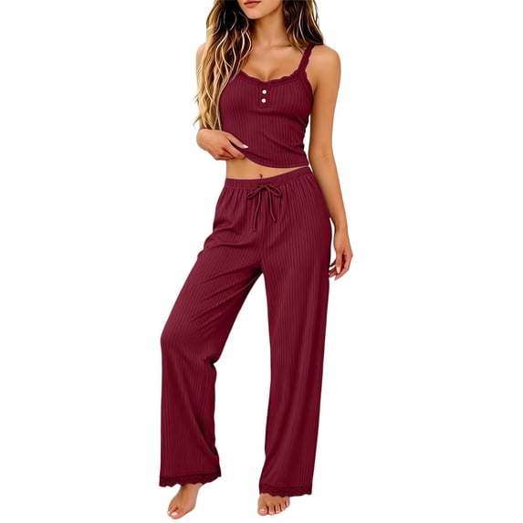 PBFRDSJ Women 2-Piece Solid Pajama Set Lace Trim Ribbed Cami PJ Drawstring Wide Leg Sleep Pants Set Relax Fit LoungeWear Two Piece