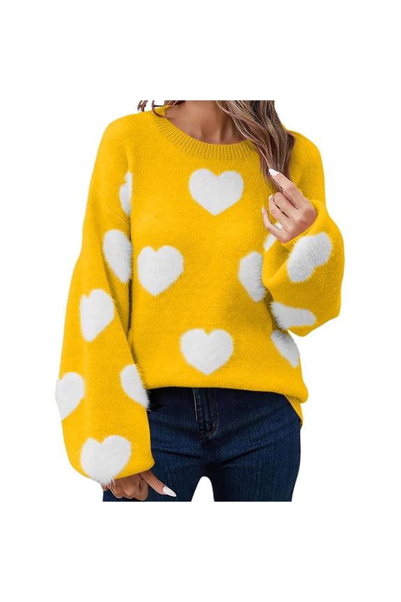 Women Heart Print Knit Pullover Sweater Casual Long Sleeve Vintage Round Neck Loose Tops Fall Streetwear