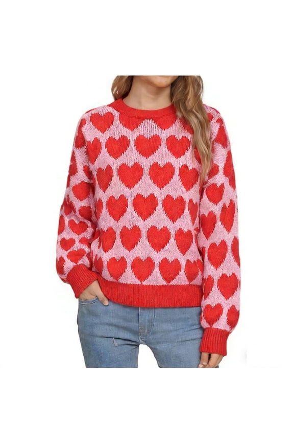 Women Heart Print Knit Pullover Sweater Long Sleeve Round Neck Soft Sweaters Trendy Fall Winter Loose Fit Tops