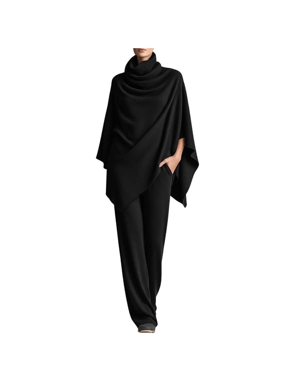 Women Knit Two Piece Set Batwing Sleeve Windchill Shawl Loose Casual Pants Set High Neck Draped Outfit for Travel Daily