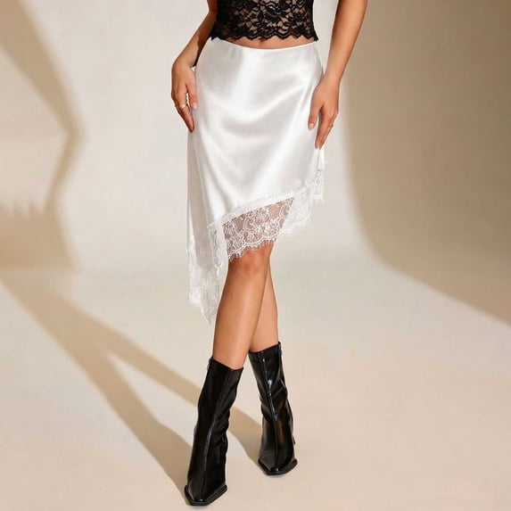 PBFRDSJ Women Lace Trim Satin Midi Skirt Asymmetrical Elegant Flowy A Line Half Slips Y2K Cute Coquette Festival Concert Outfits