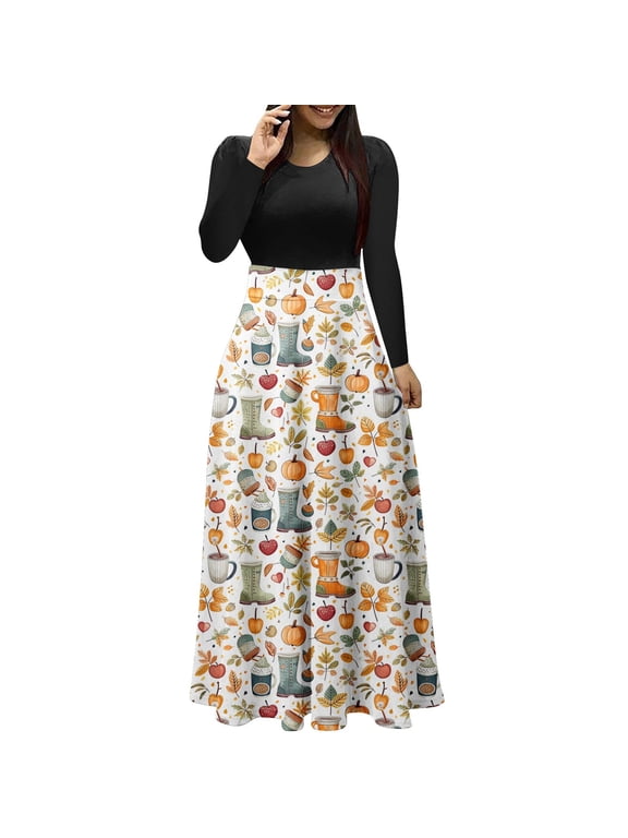 Women Long Sleeve Crew Neck Fall Elements Print Waisted Maxi Dress for Casual Daily Weekend Outing Shopping Travel