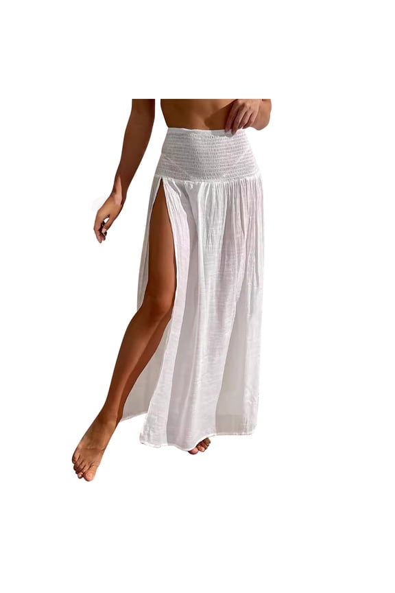 Women Mesh Long Skirts High Waist Sheer Slit Thigh Cover Up Skirts Summer Beach Party Solid Color Chiffon Skirt