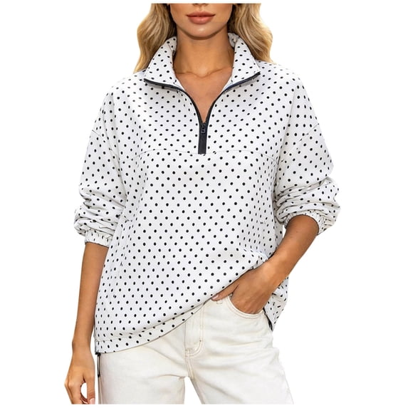 PBFRDSJ Women Polka Dot Jacket Quarter Zip Sweatshirts Collared V Neck 3/4 Sleeve Casual Pullover Shirts Sizes S-L