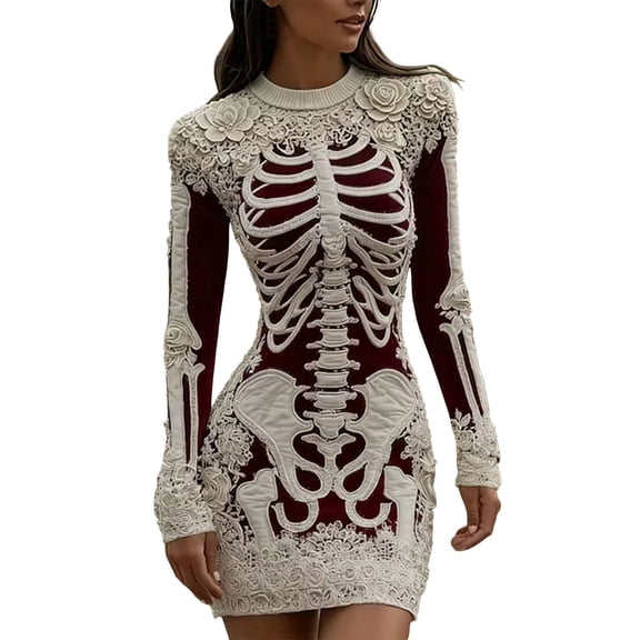 PBFRDSJ Women Skeleton Print Long Sleeve Crew Neck Floral Applique Slim Bodycon Mini Dress for Evening Party Club Daily Wear