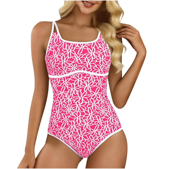 PBFRDSJ Women Swimsuit One Piece Square Neck Low Back Tummy Control Bathing Suits Floral Push Up Bathing Suit with Adjustable Spaghetti Straps