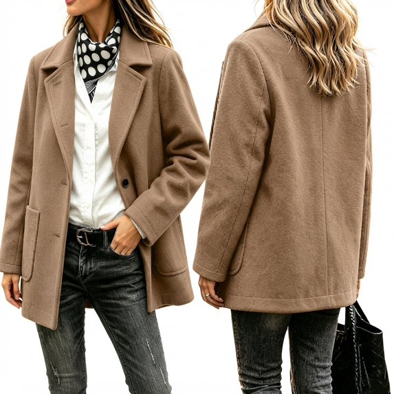 PBFRDSJ Women Winter Single Breasted Pea Coat Casual Notch Lapel Oversized Thicken Tweed Overcoat Mid Long Wool Blend Overcoat Jacket