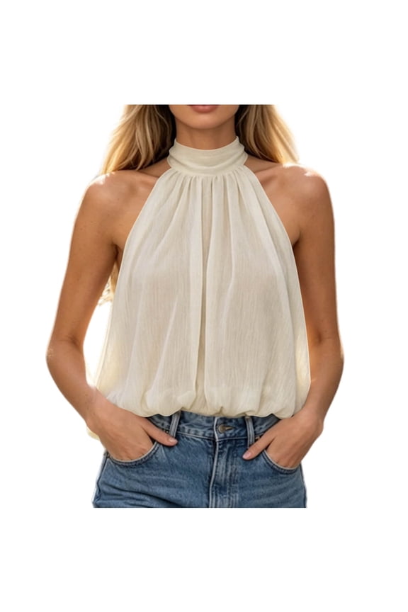 Women Y2k Halter High Neck Top Cute Backless Chiffon Bubble Crop Tank Top Retro Going Out Sheer Up Vest