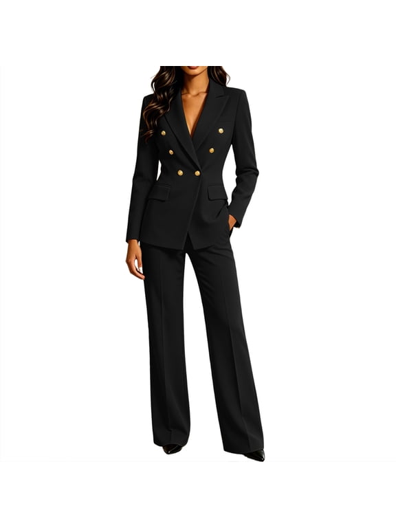 Women's 2 Piece Business Suit Double Breasted Notched Lapel Long Sleeve Blazer and High Waist Wide Leg Pants for Work