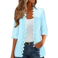 thumbnail image 1 of PBFRDSJ Women's 3/4 Sleeve Lace Cardigan Collarless Pleated Open Front Shrug Trendy Lace Trim Casual Cover Up, 1 of 6