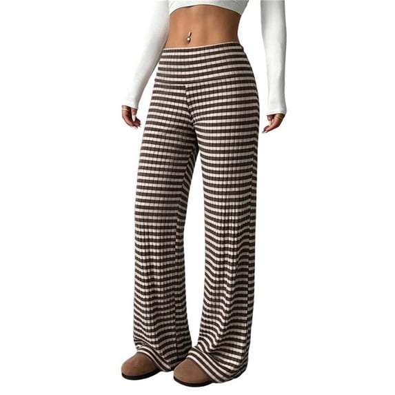PBFRDSJ Women's Black Striped Wide Leg Pants Textured Elastic Waist Casual Lounge Trousers Lightweight Comfy Stretchy Loose Pants