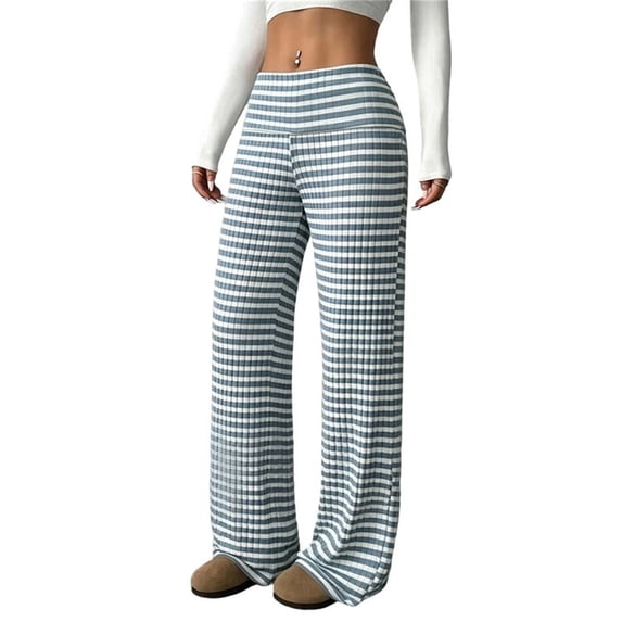PBFRDSJ Women's Black Striped Wide Leg Pants Textured Elastic Waist Casual Lounge Trousers Lightweight Comfy Stretchy Loose Pants