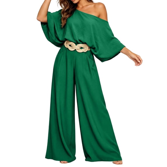 PBFRDSJ Women's Casual Off Shoulder Lantern Long Sleeve High Waist Wide Leg Jumpsuit With Braided Belt for Daily Vacation Party