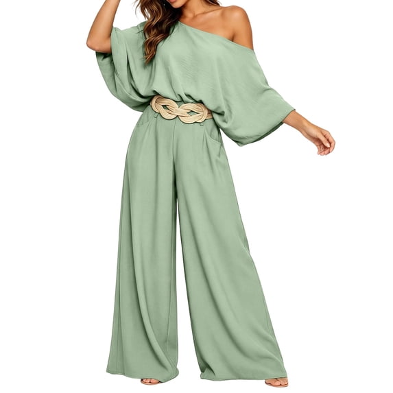 PBFRDSJ Women's Casual Off Shoulder Lantern Long Sleeve High Waist Wide Leg Jumpsuit With Braided Belt for Daily Vacation Party