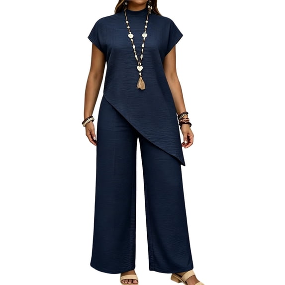 PBFRDSJ Women's Casual Two Piece Outfit Mock Neck Cap Sleeve Asymmetrical Top Wide Leg Pants for Daily Shopping Vacation Wear